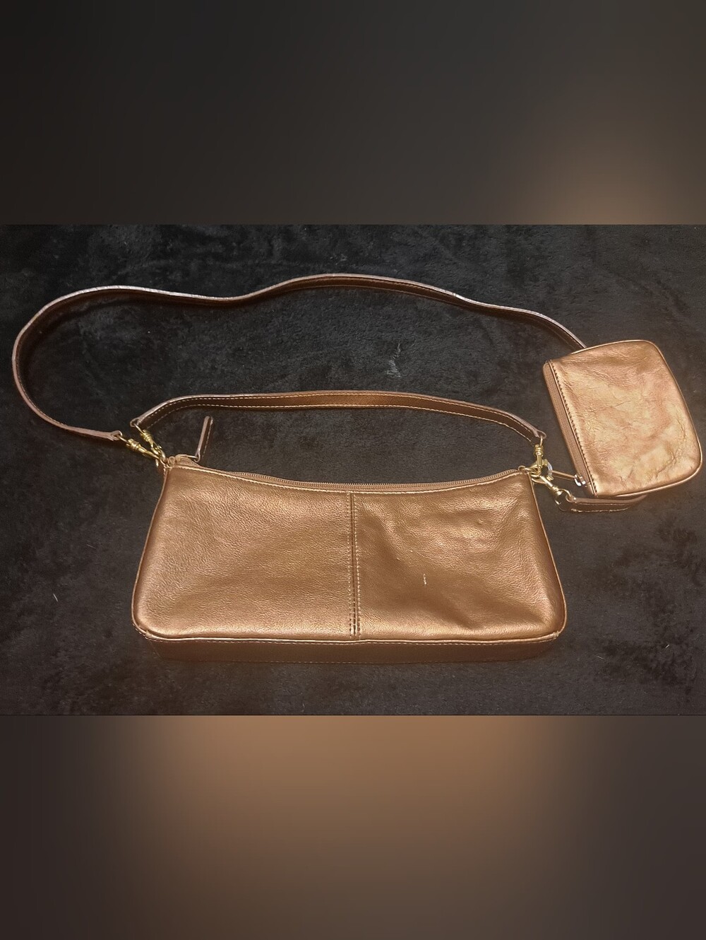 Women's Metallic Bronze Leather Shoulder Bag with Removable Coin Pouch